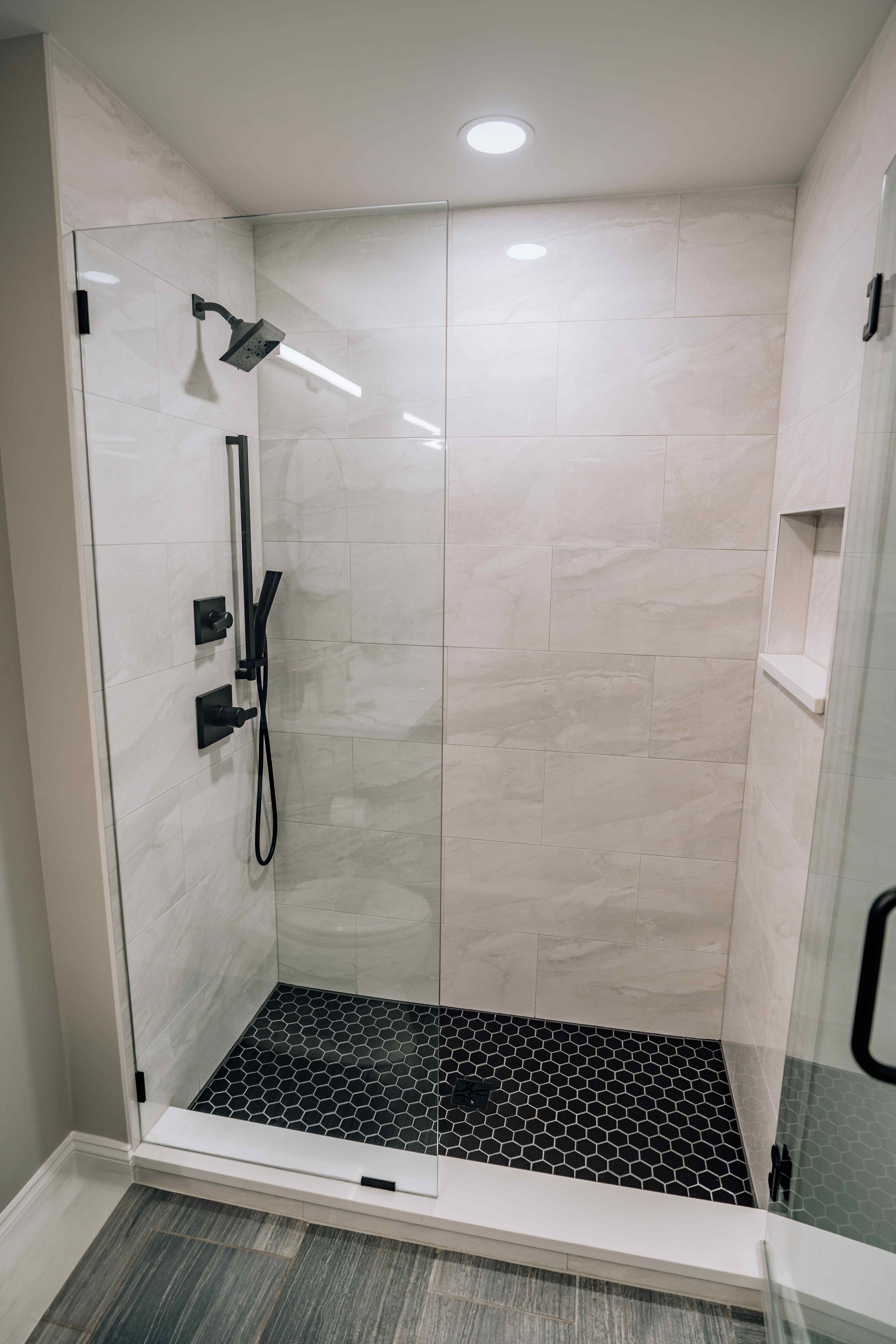 Walk-In Shower with Black Hex Tile